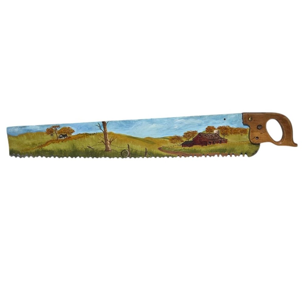 Antique Hand Saw Folk Art Rustic Countryside Scene Hand Painted Wall Decor